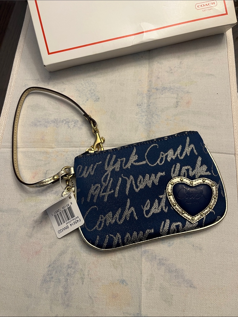 Coach Navy Script Heart Wristlet with Gold Trim